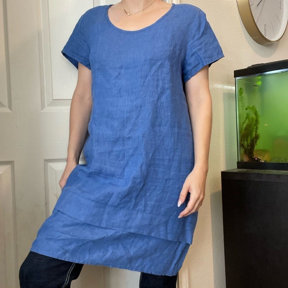 Flax Linen Tshirt Shift Midi Dress‎ Sz Small Blue